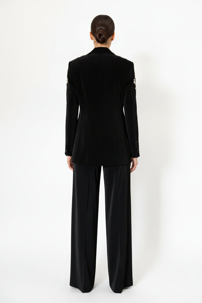 EMBELLISHED BLAZER AND SLIT PANTS SET