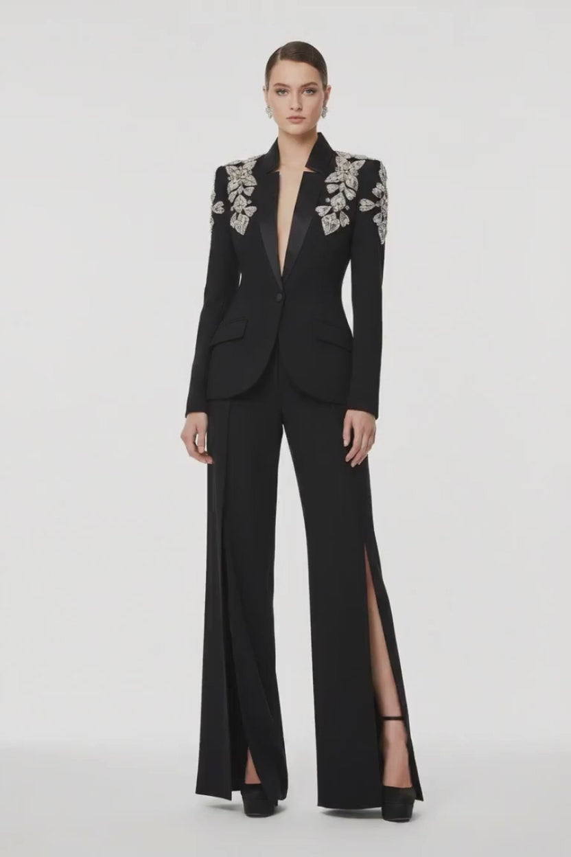 EMBELLISHED BLAZER AND SLIT PANTS SET